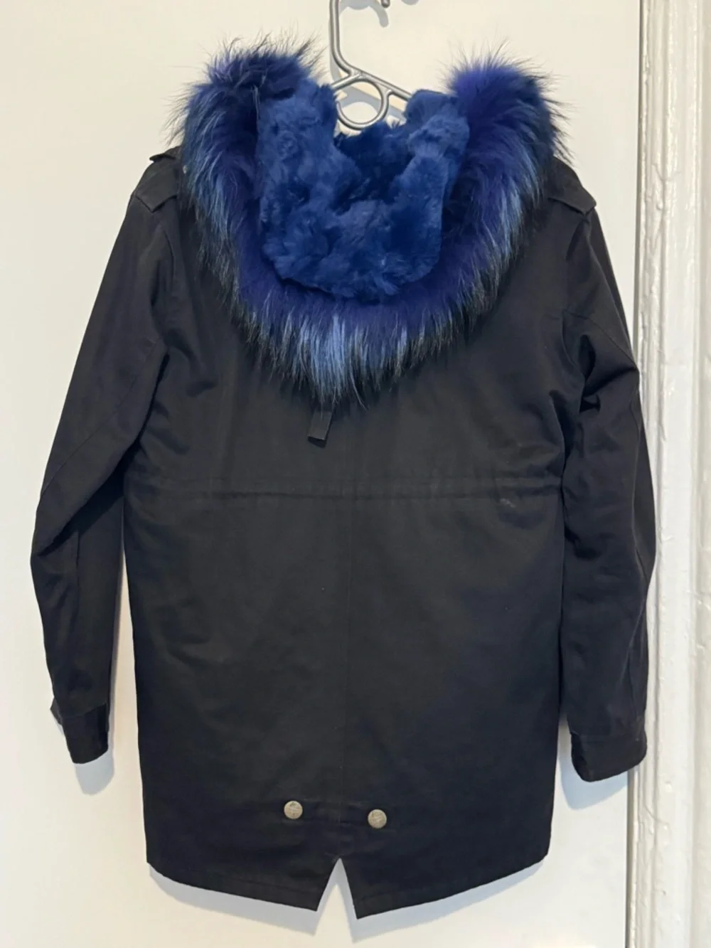 Black Hooded Jacket Blue Rex Rabbit Fur Lining Youth 170 (Fits Adult XS-S)